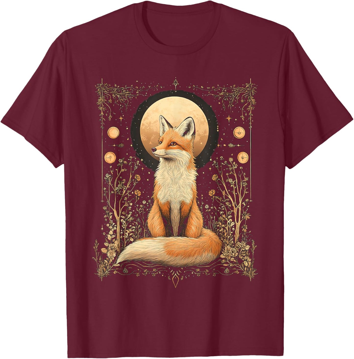 Mystic Moon and Moonphase Fox Mystical Flowers Aesthetic T-Shirt - T-Shirt | Maroon
