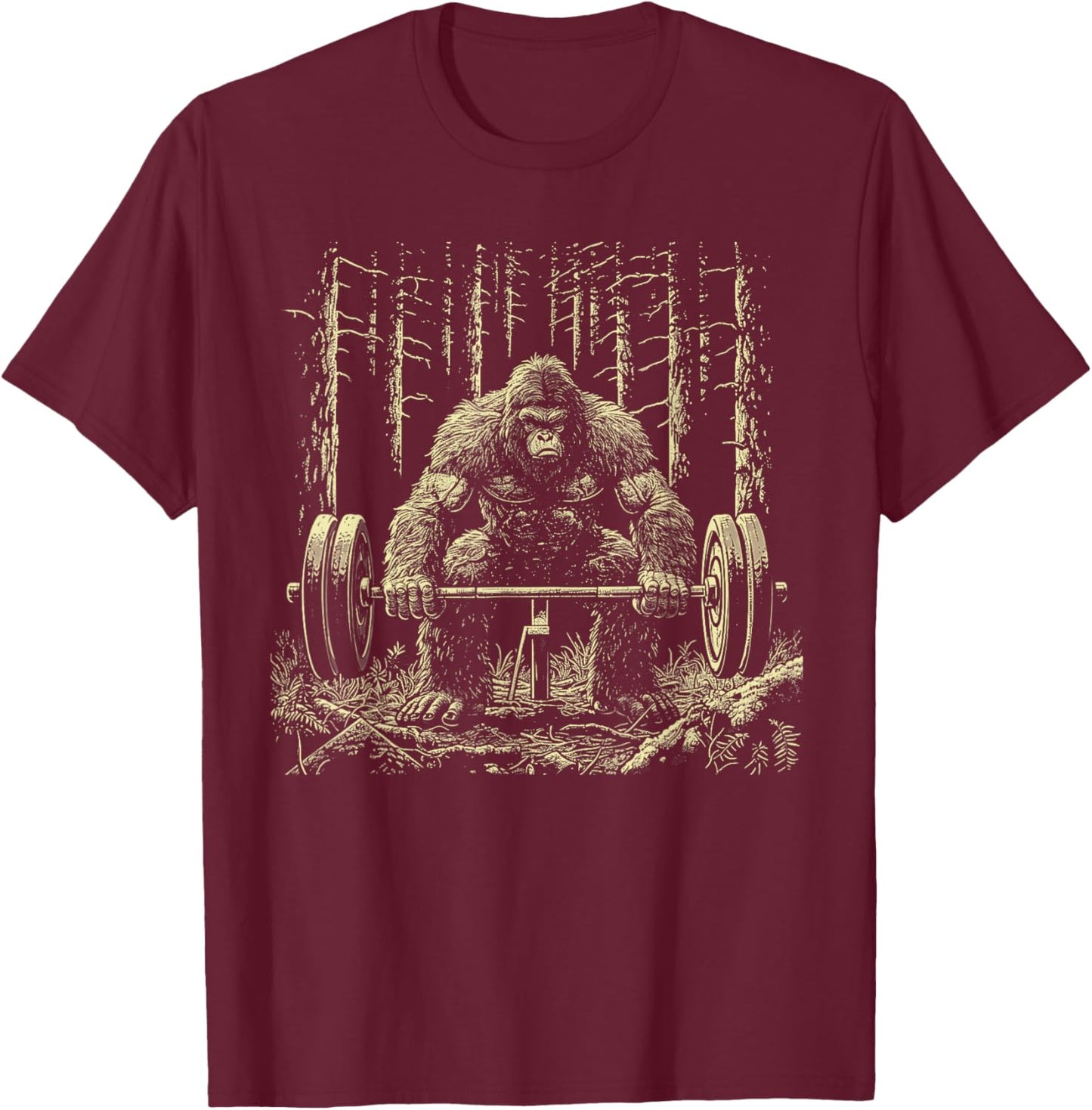 Funny Sasquatch Deadlifting Weights Gym Workout Graphic T-Shirt - T-Shirt | Maroon