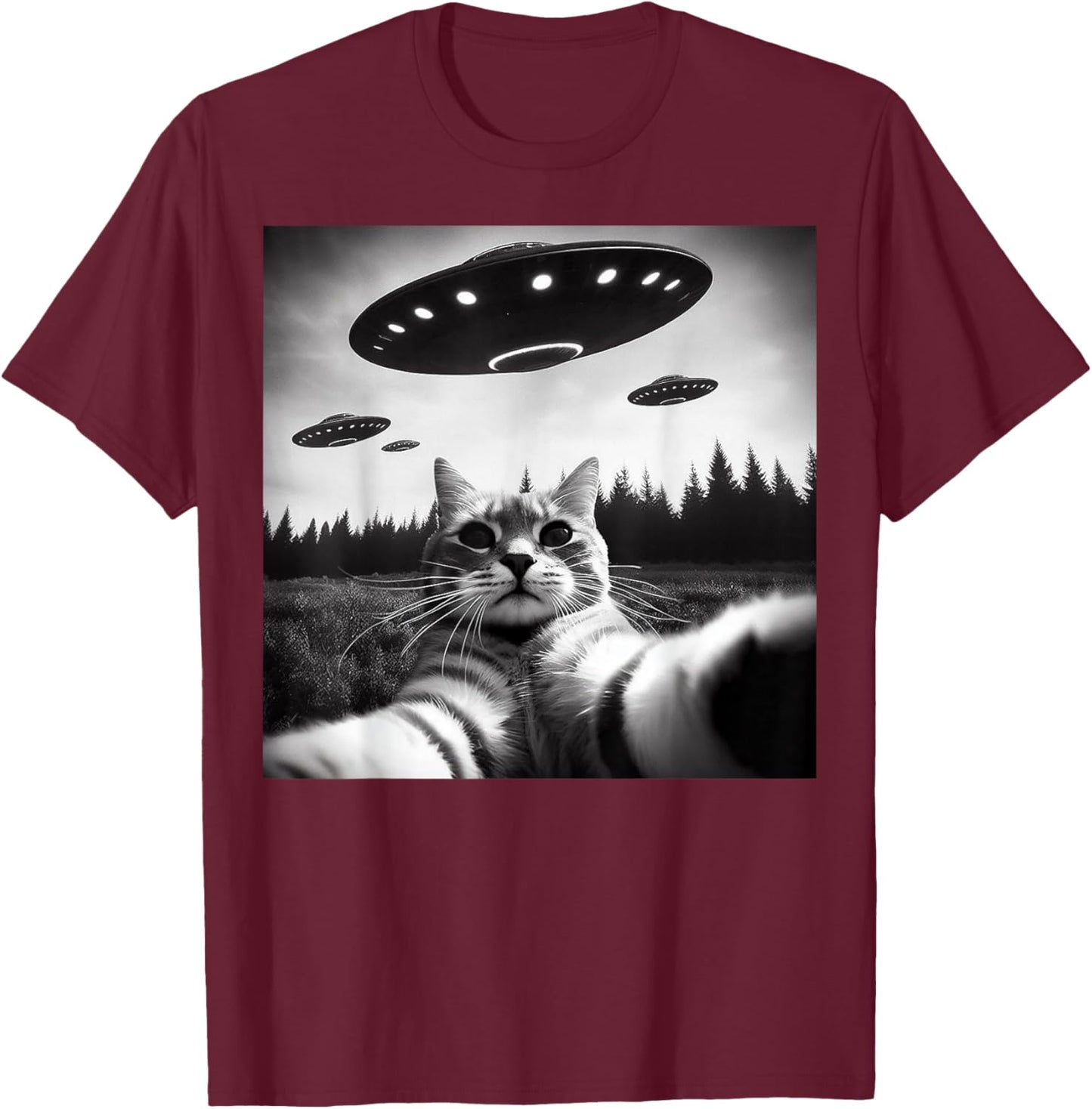 Cat Selfie With Alien UFO Funny Cat Gifts Women Kid T-Shirt - T-Shirt | Maroon