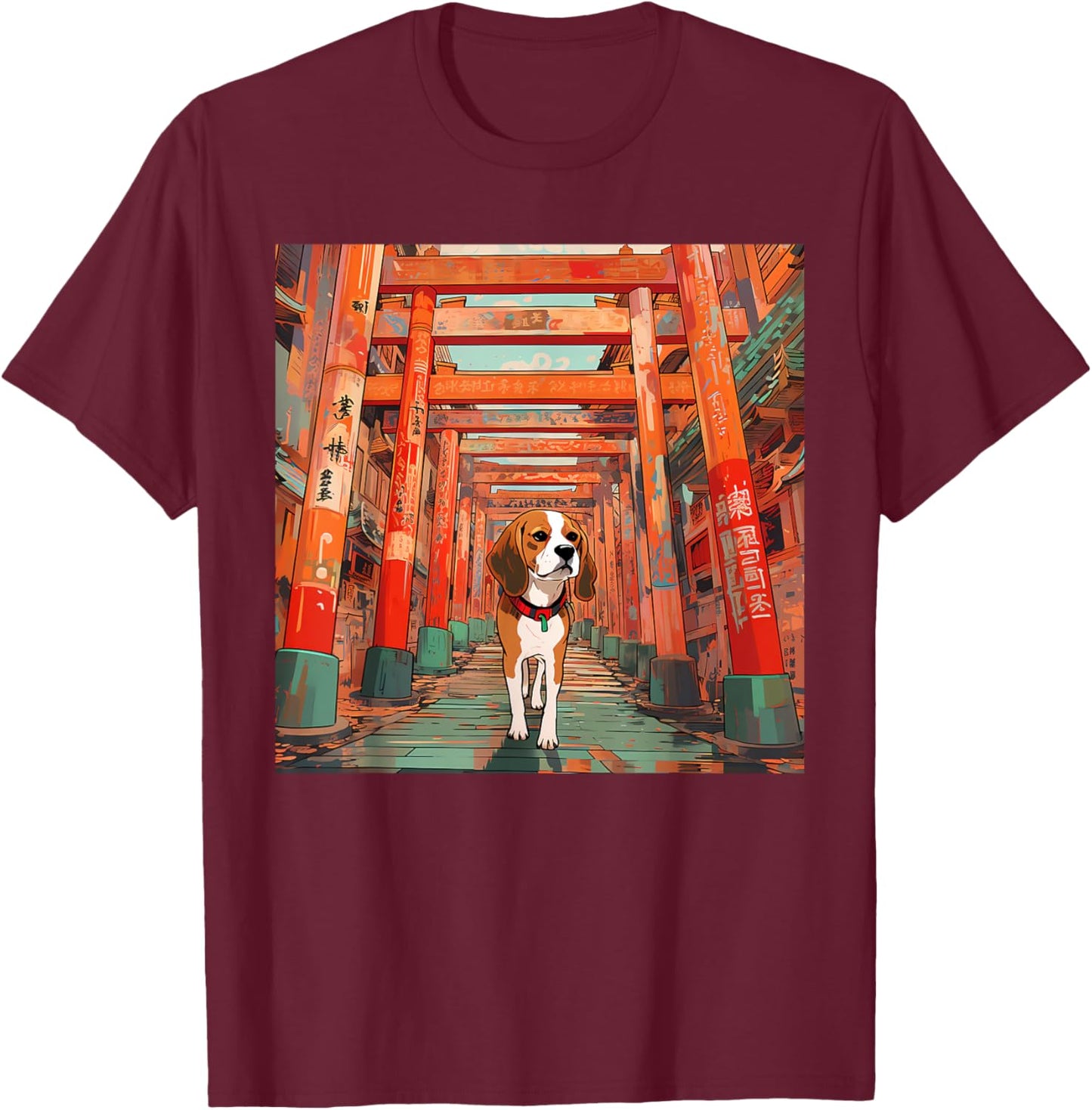 Beagle Torii Gates Funny Dog Japan T-Shirt - T-Shirt | Maroon