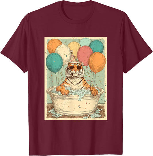 Tiger Birthday Party Balloons Bathtub Art Print T-Shirt - T-Shirt | Maroon