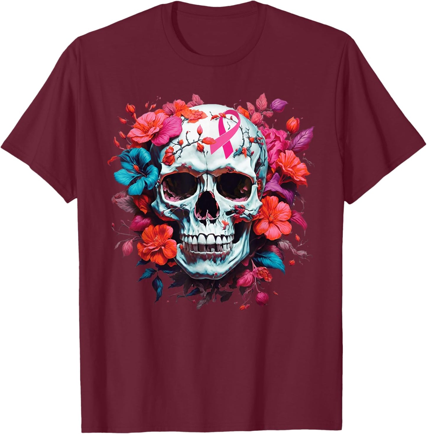 Breast Cancer Skull Shirt Sugar Skull Pink Ribbon T-Shirt - T-Shirt | Maroon