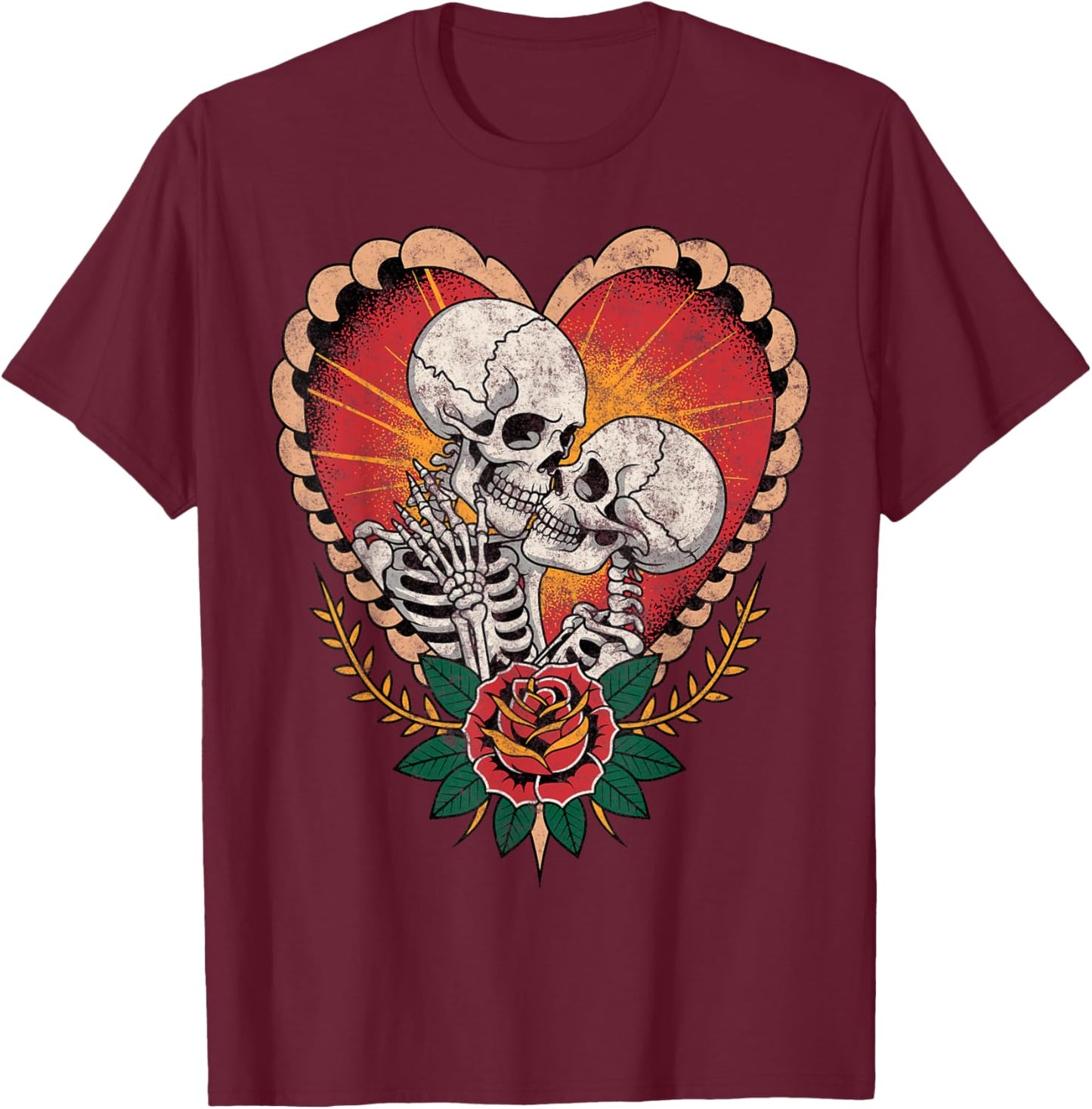 Couple Skeletons American Traditional Old School Tattoo Ink T-Shirt - T-Shirt | Maroon