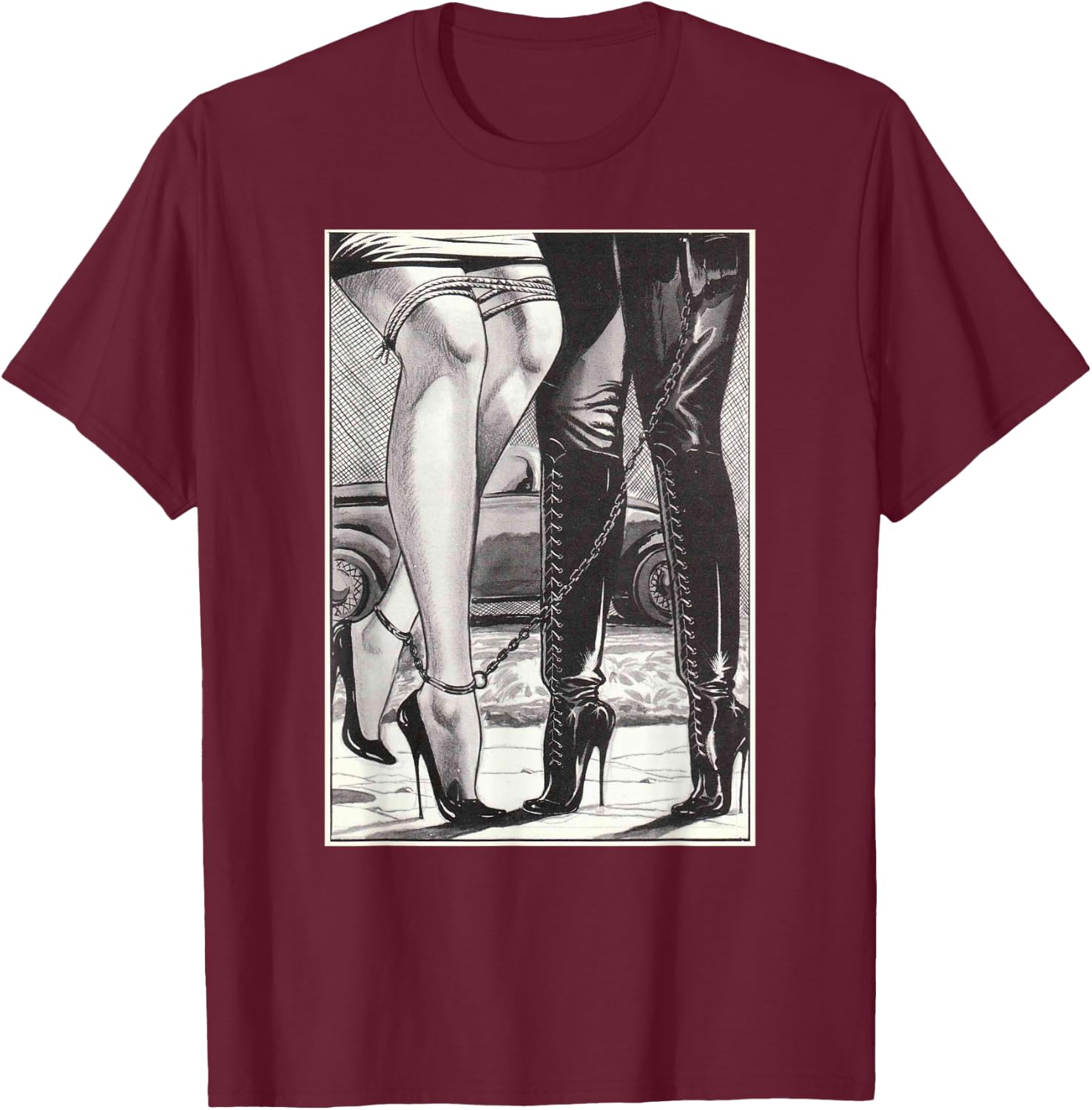 Hot Lesbian Rope Bondage Lovers Lesbian High Heel Dominatrix T-Shirt - T-Shirt | Maroon