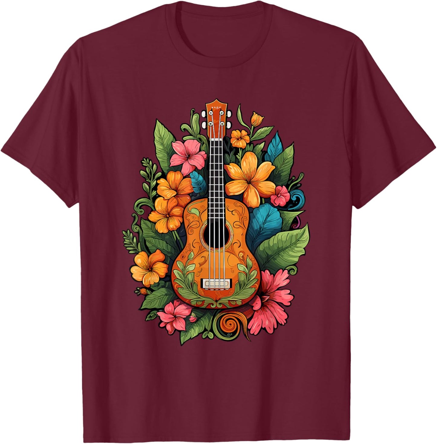 Ukulele Player Hawaiian Tropical Flowers Women T-Shirt - T-Shirt | Maroon
