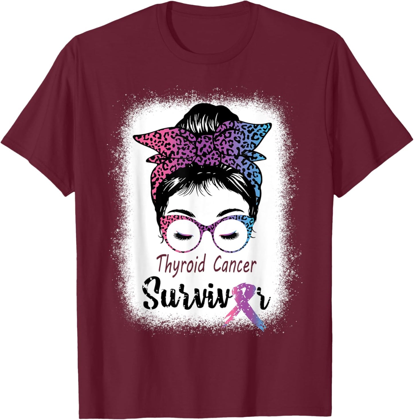 Thyroid Cancer Survivor Awareness Messy Bun Mom Teal ribbon T-Shirt - T-Shirt | Maroon
