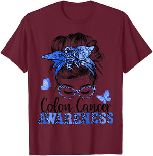 Messy Bun Hair Blue Ribbon Butterfly Colon Cancer Awareness T-Shirt - T-Shirt | Maroon