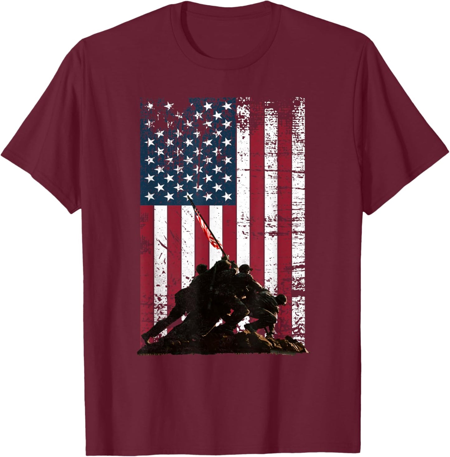 Iwo Jima Flag Raising Distressed US Flag WWII Veterans T-Shirt - T-Shirt | Maroon