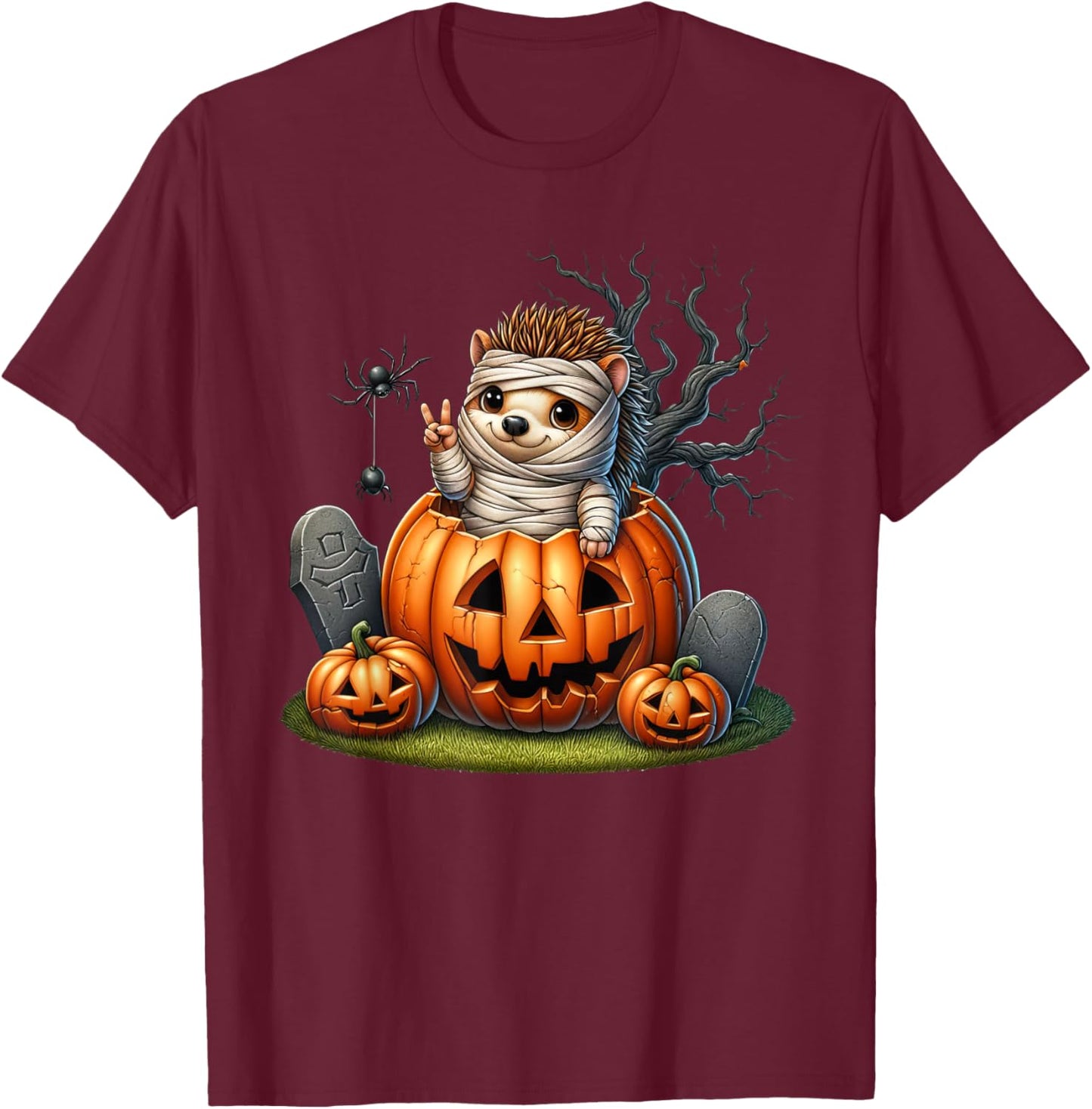 Funny Hedgehog Mummy Pumpkin Halloween Kids T-Shirt - T-Shirt | Maroon