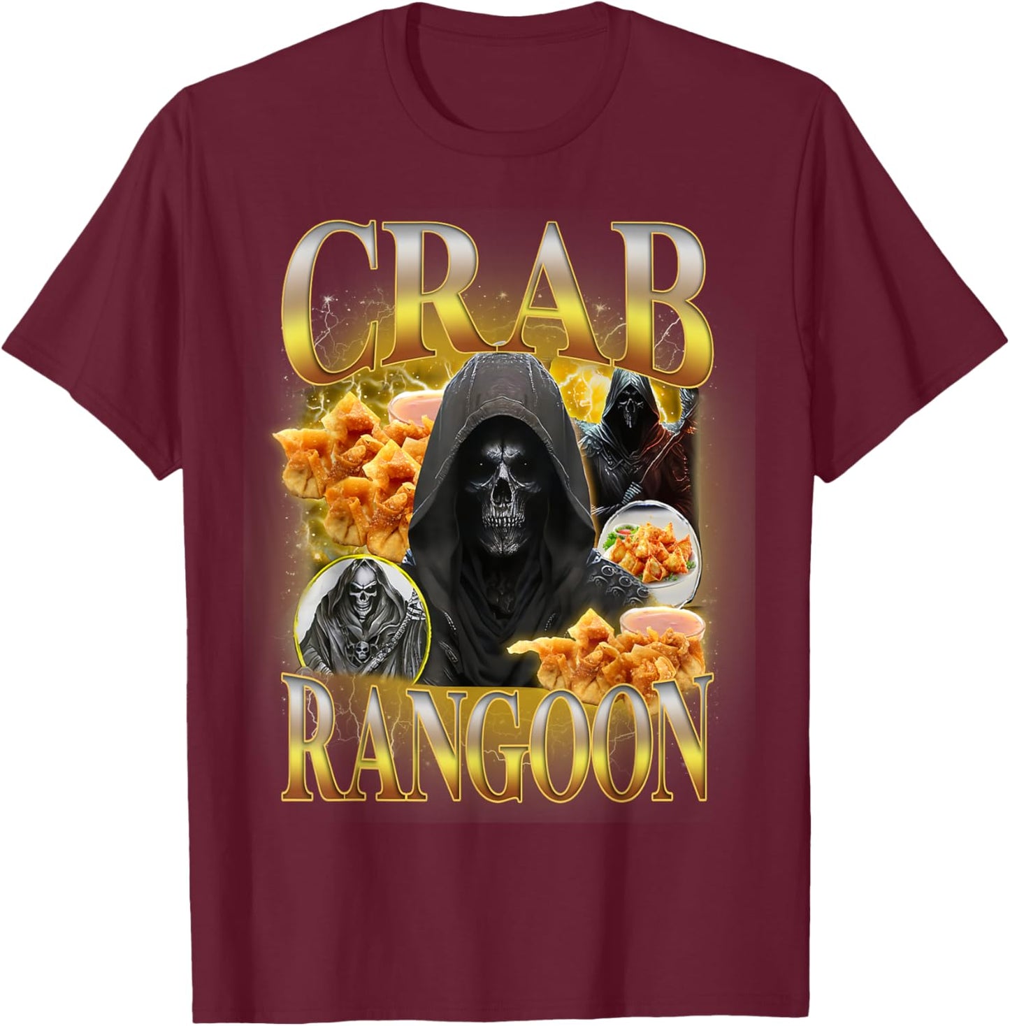 Crab Rangoon Meme Bootleg Rap Style Funny Hard Skeleton Meme T-Shirt - T-Shirt | Maroon