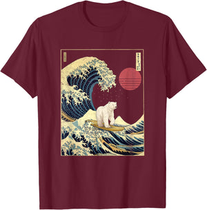 Polar Bear Kanagawa Wave Funny Surf Animal T-Shirt - T-Shirt | Maroon