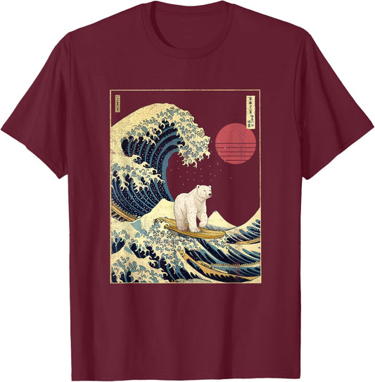 Polar Bear Kanagawa Wave Funny Surf Animal T-Shirt - T-Shirt | Maroon