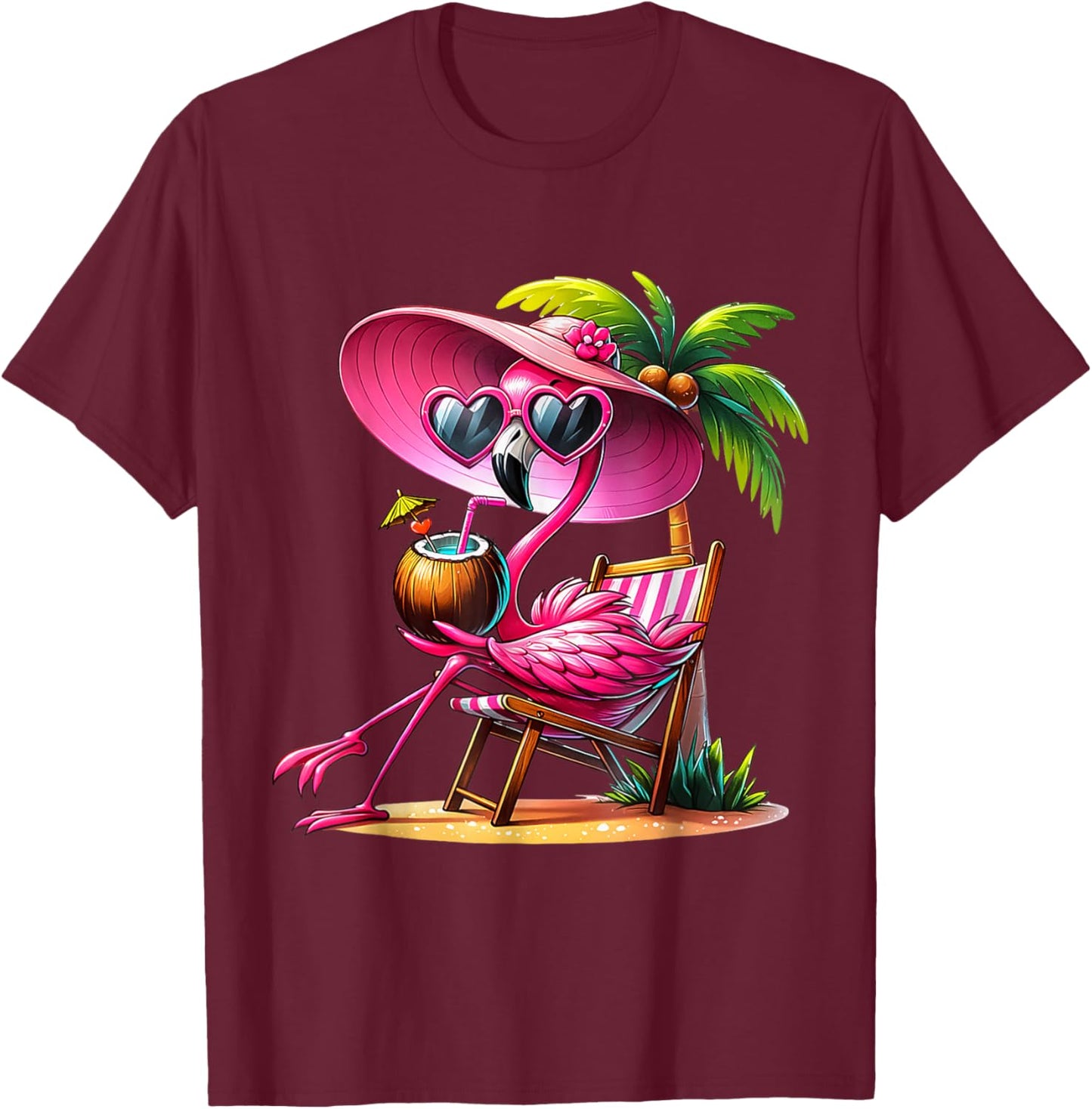 Pink Flamingo Summer Vibes Beach Palm Tree Summer Vacation T-Shirt - T-Shirt | Maroon