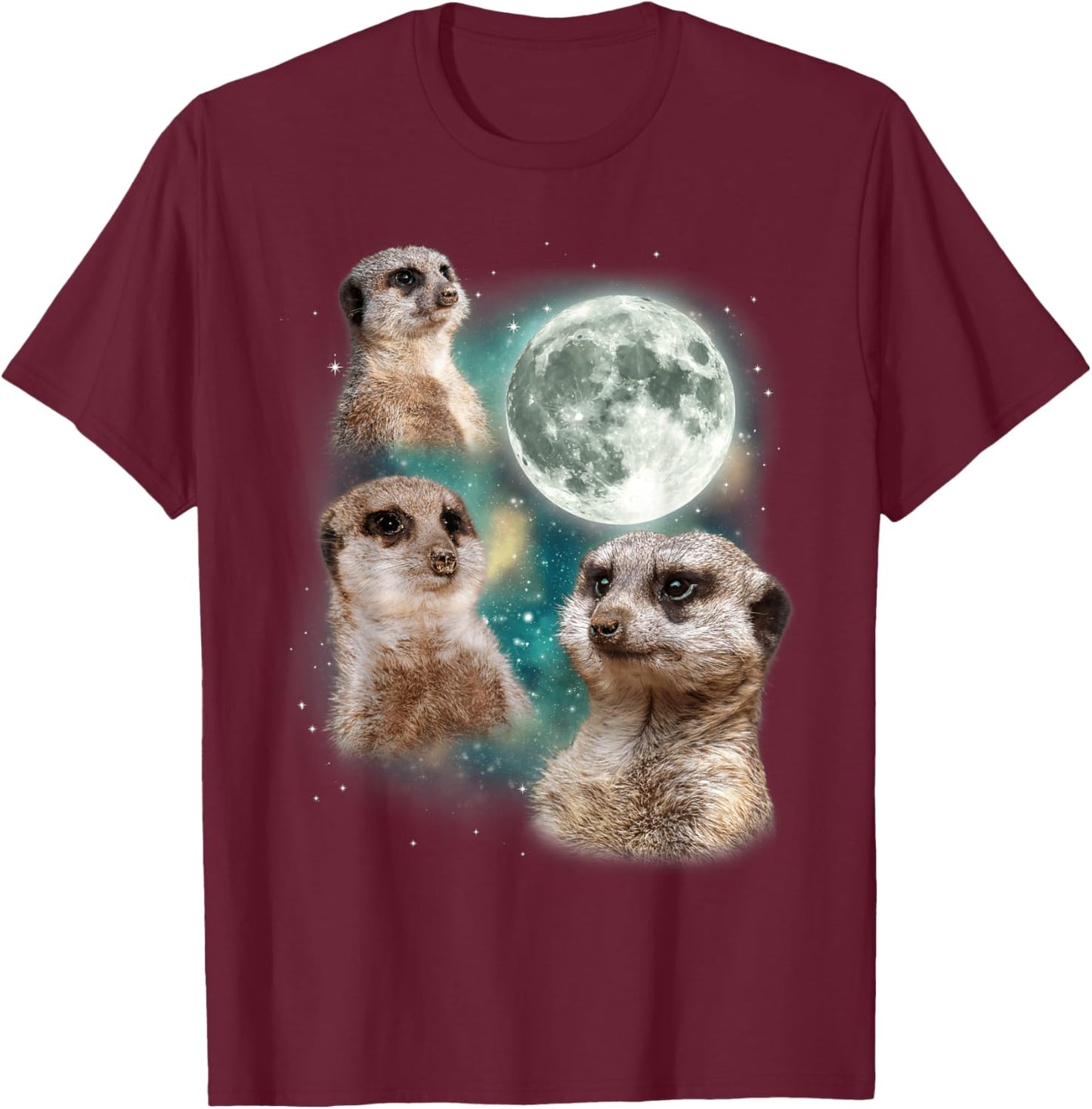 Three Meerkats Moon | African Desert Wildlife Parody T-Shirt - T-Shirt | Maroon