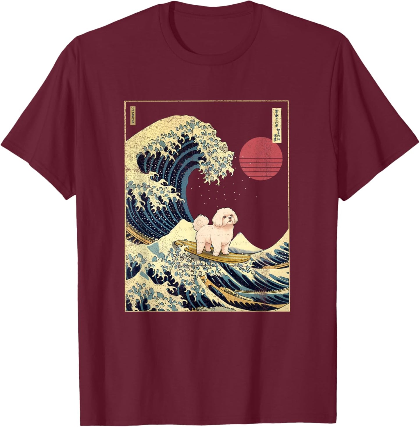 Maltese Japanese Kanagawa Wave Funny Surf Dog T-Shirt - T-Shirt | Maroon
