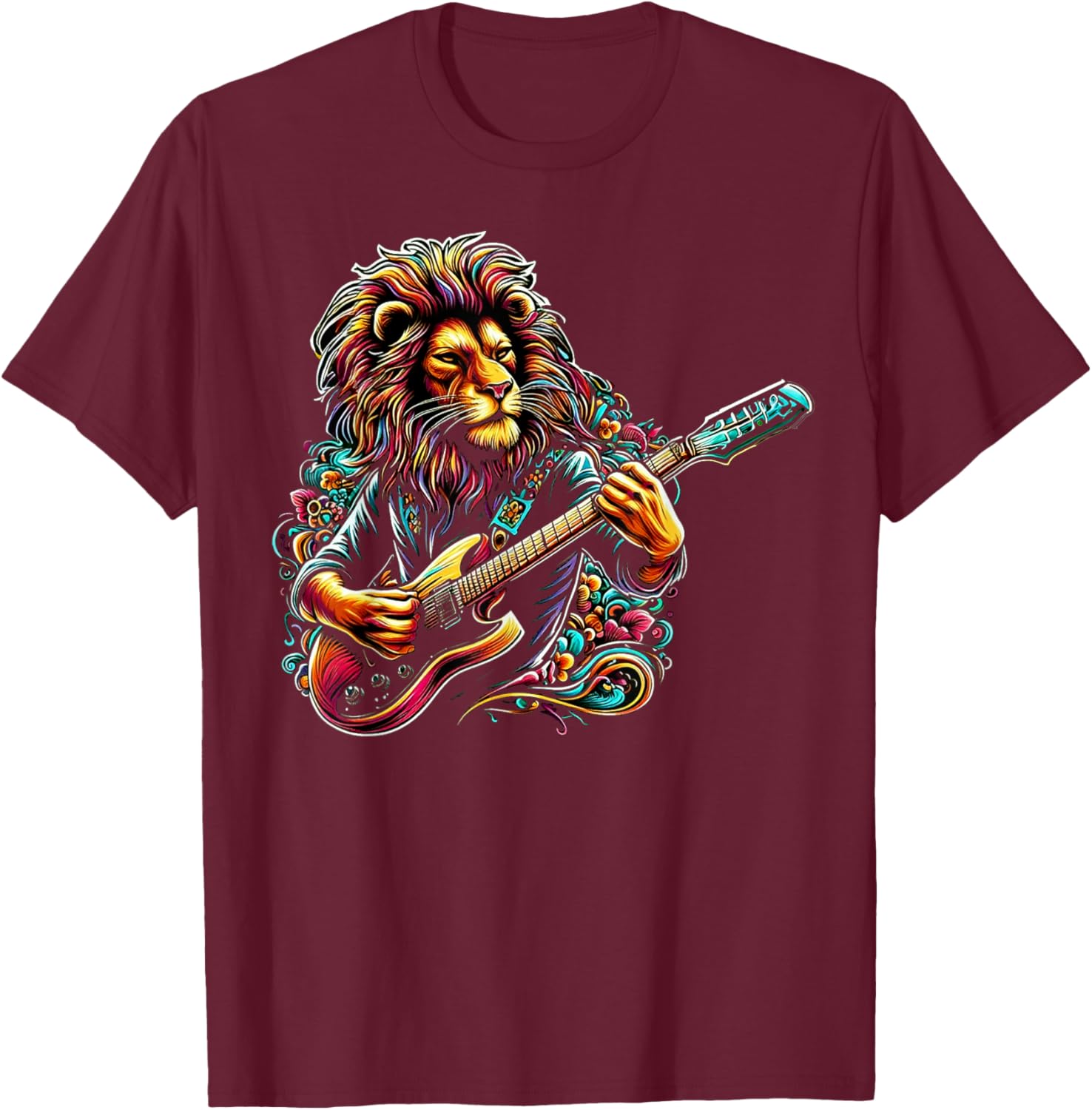 Lion Man Rock on Playing Guitar Music Vintage Guitarist T-Shirt - T-Shirt | Maroon
