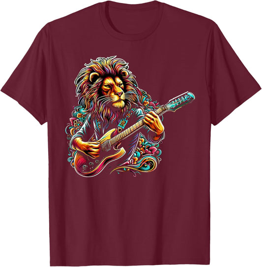 Lion Man Rock on Playing Guitar Music Vintage Guitarist T-Shirt - T-Shirt | Maroon