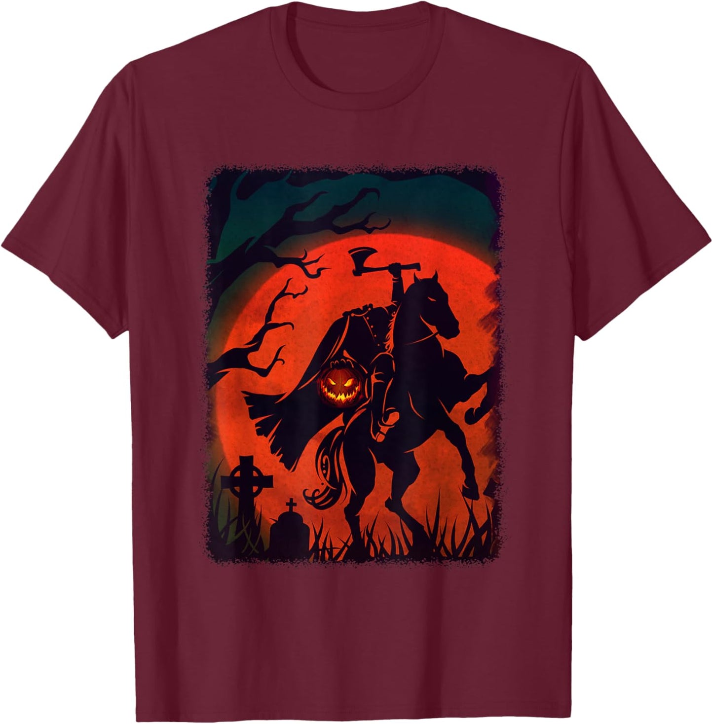 Halloween Scary Pumpkin Headless Horseman Horse Riding Lover T-Shirt - T-Shirt | Maroon