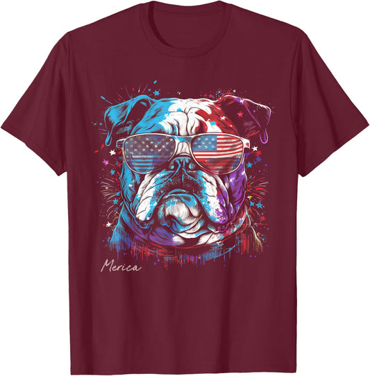 English Bulldog Dog 4th of July American Flag USA Funny Women Kids Men T-Shirt - T-Shirt | Maroon
