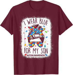 Autism Awareness shirt Mom Messy Bun I Wear Blue For My Son T-Shirt - T-Shirt | Maroon