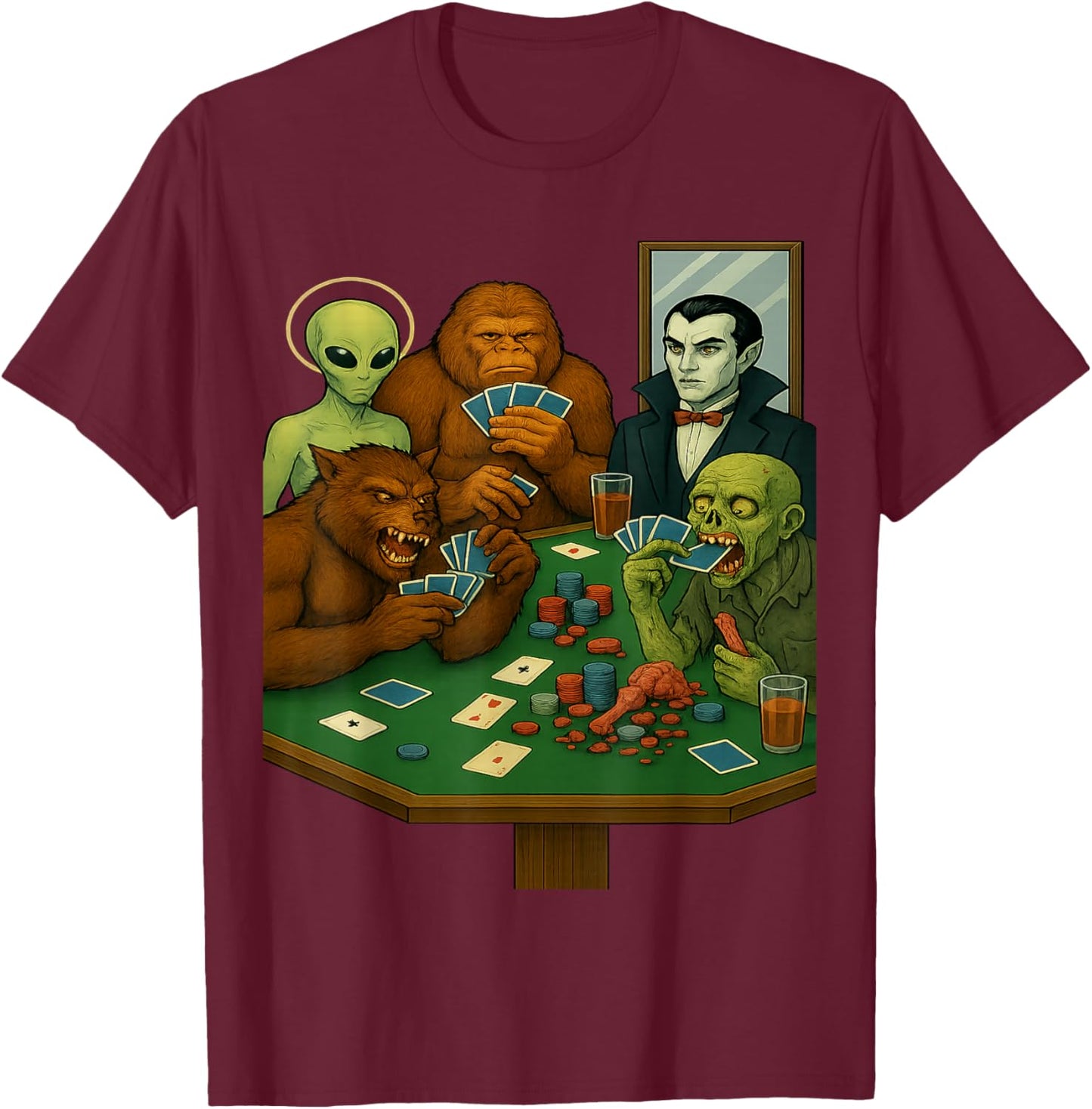 Sasquatch Alien Monsters Playing Cards Poker Funny T-Shirt - T-Shirt | Maroon