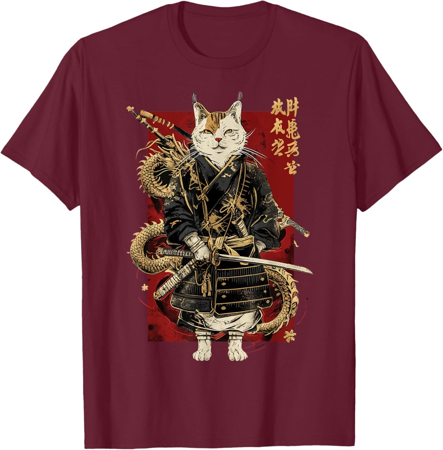 Samurai Cat with Dragon Japanese Kanji, Japan art lover Women Girls Kids T-Shirt - T-Shirt | Maroon
