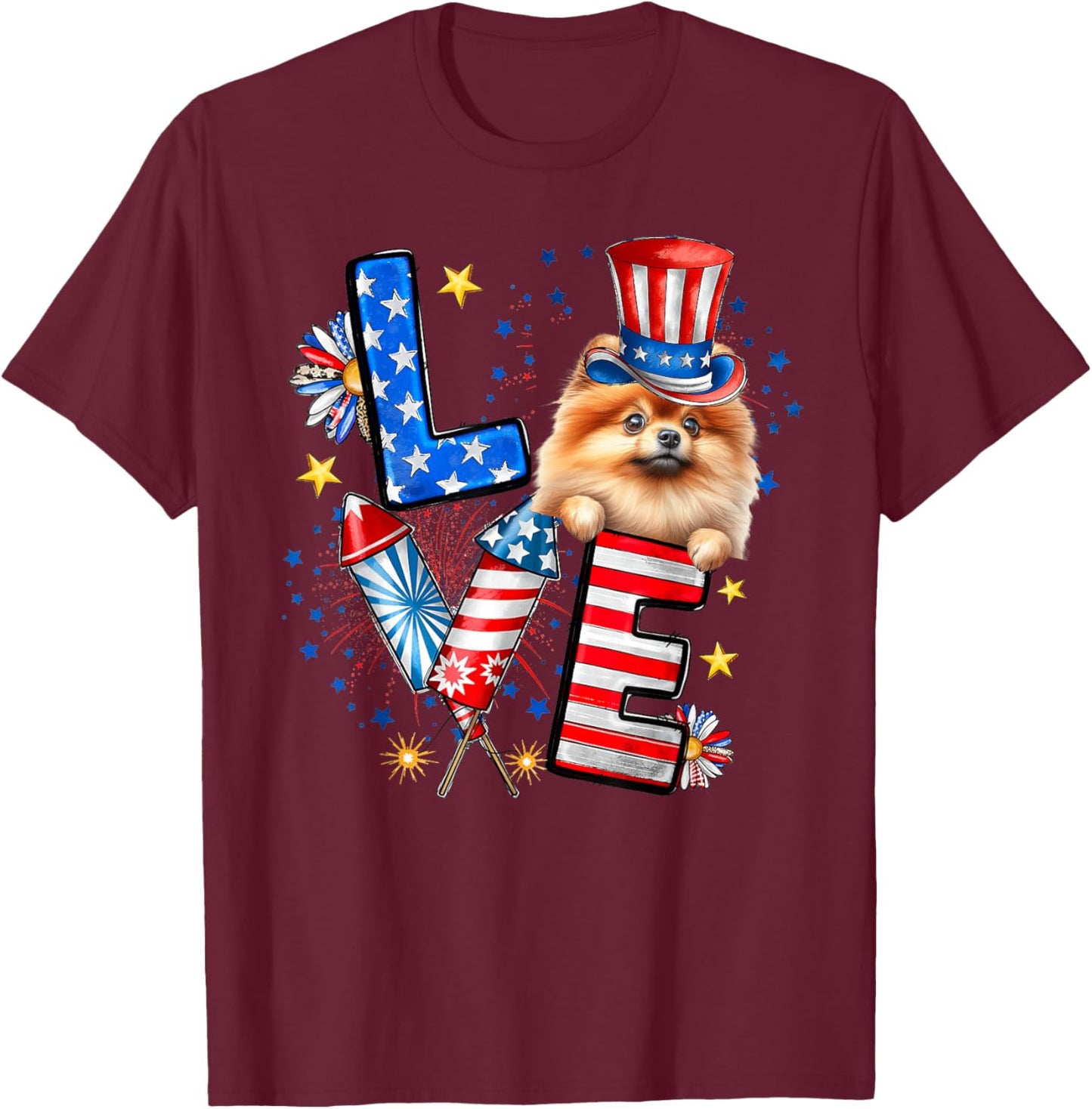 LOVE Pomeranian Dog American Flag 4th Of July T-Shirt - T-Shirt | Maroon