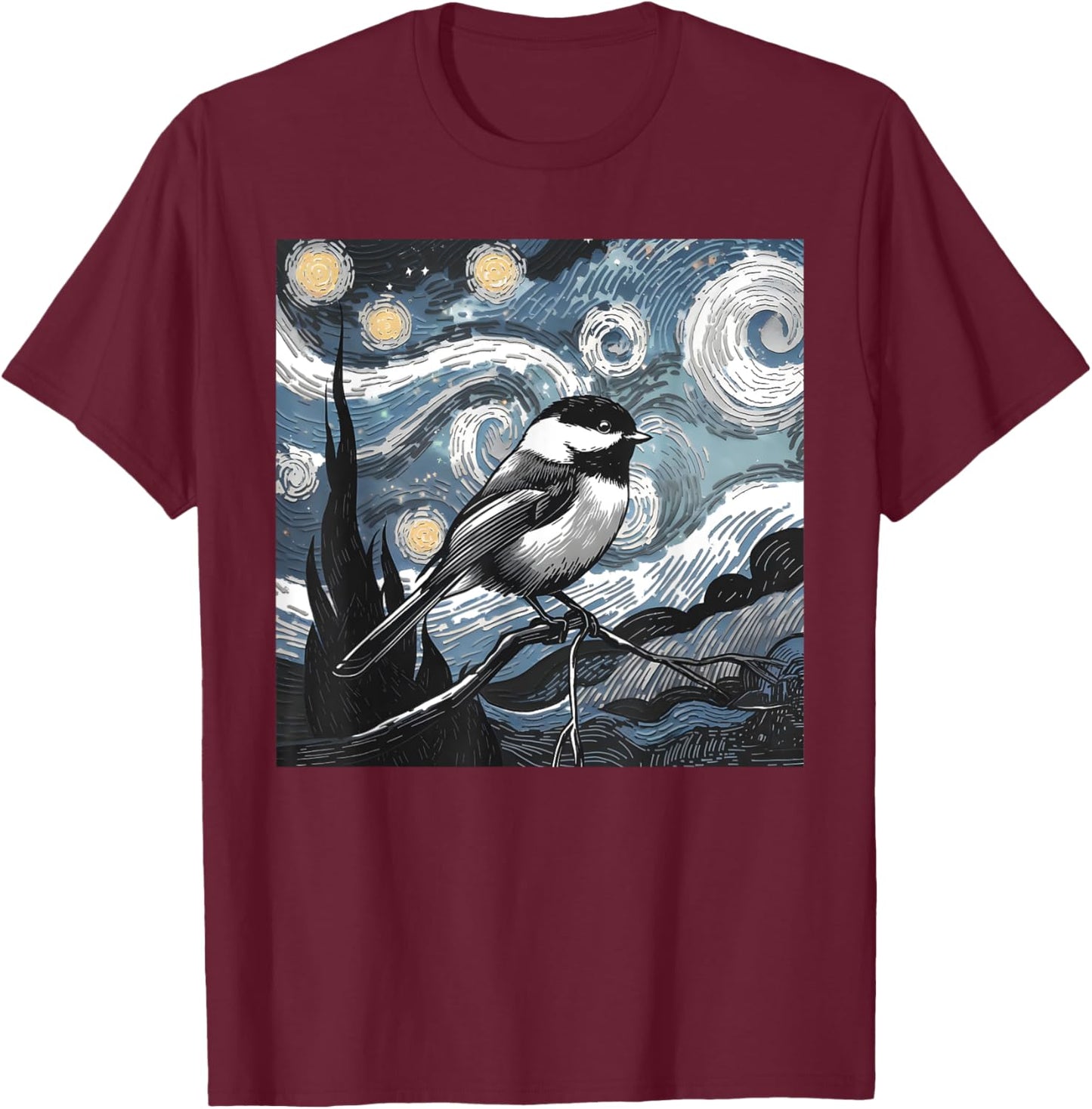 Black Capped Chickadee Bird Lover Starry Night Art Van Gogh T-Shirt - T-Shirt | Maroon