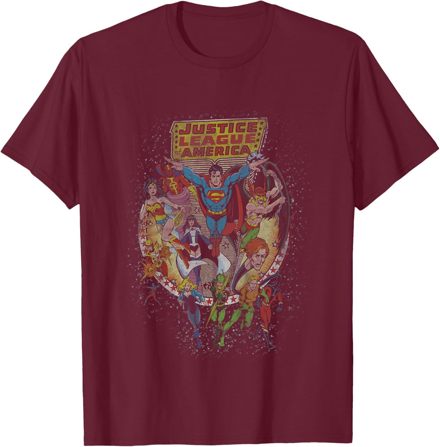 Kids DC Comics Justice League Group Shot Distressed Poster T-Shirt - T-Shirt | Maroon