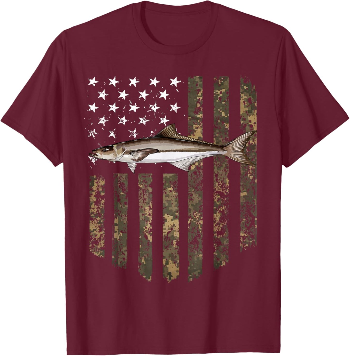 Camo American Flag Cobia Fishing 4th Of July T-Shirt - T-Shirt | Maroon
