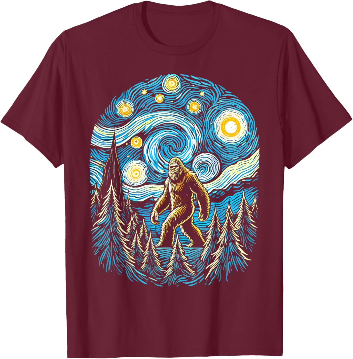 Bigfoot Starry Night Forest Van Gogh Sasquatch Painting Art T-Shirt - T-Shirt | Maroon