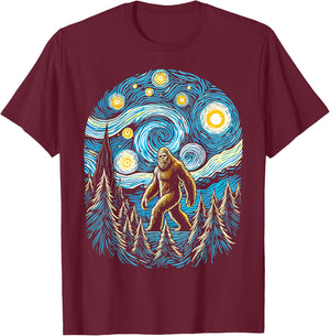 Bigfoot Starry Night Forest Van Gogh Sasquatch Painting Art T-Shirt - T-Shirt | Maroon