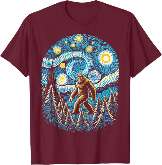 Bigfoot Starry Night Forest Van Gogh Sasquatch Painting Art T-Shirt - T-Shirt | Maroon