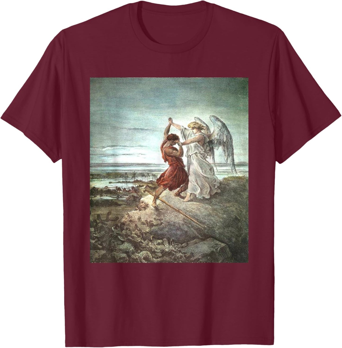 Jacob Wrestling With The Angel - -Adults, Black, Small T-Shirt - T-Shirt | Maroon