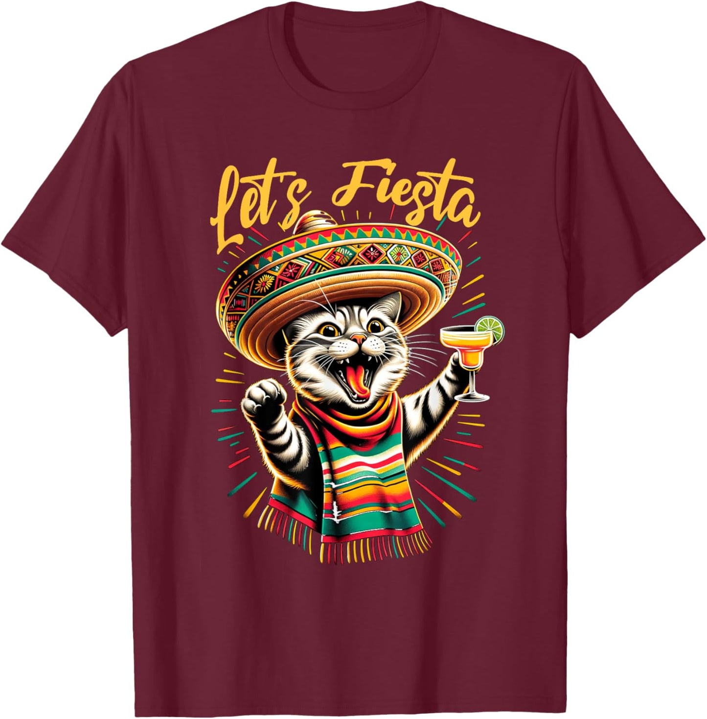 Mexican Let's Fiesta Sombrero Cat Cinco De Mayo Funny Cat Men Women T-Shirt - T-Shirt | Maroon