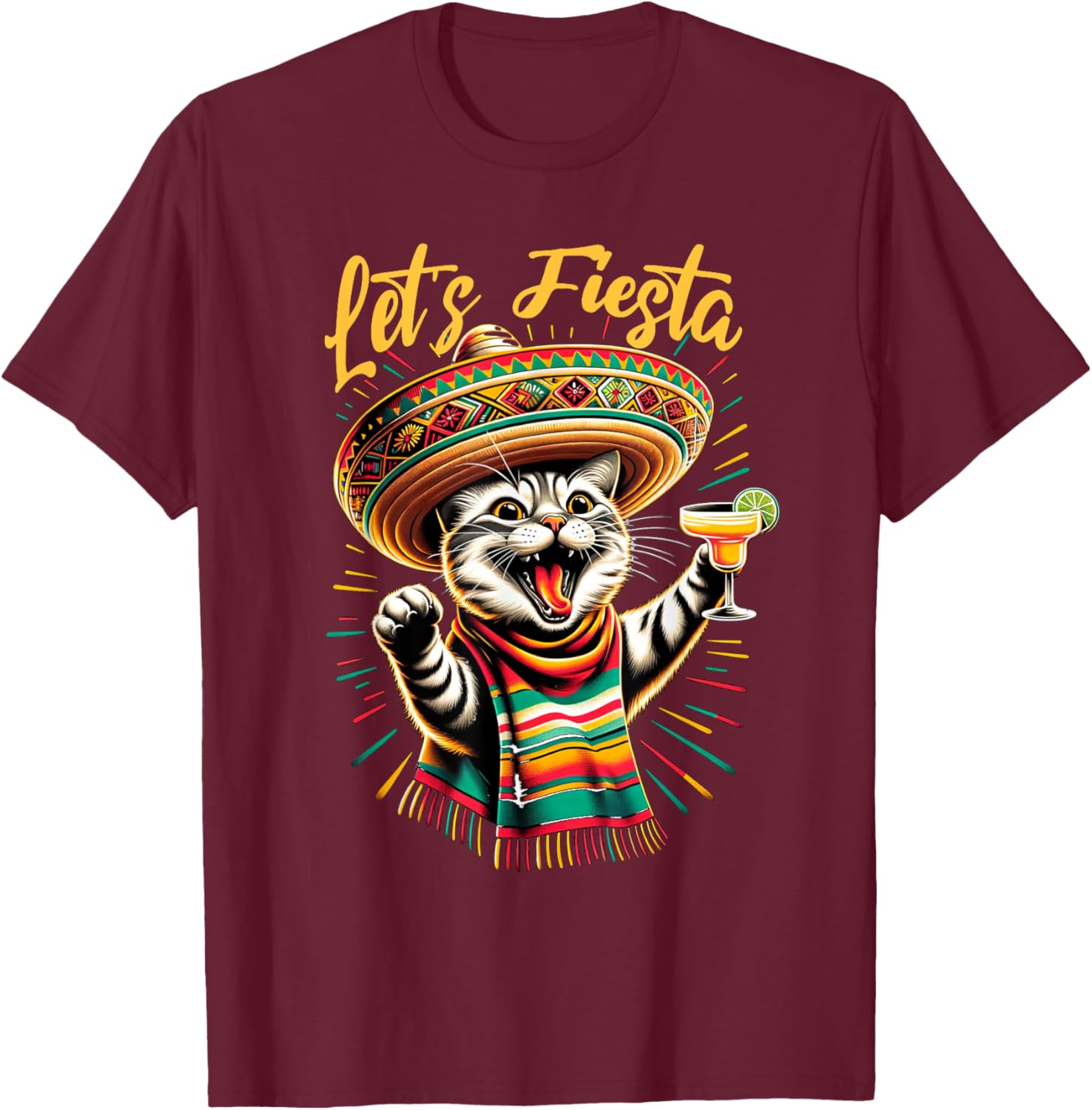 Mexican Let's Fiesta Sombrero Cat Cinco De Mayo Funny Cat Men Women T-Shirt - T-Shirt | Maroon