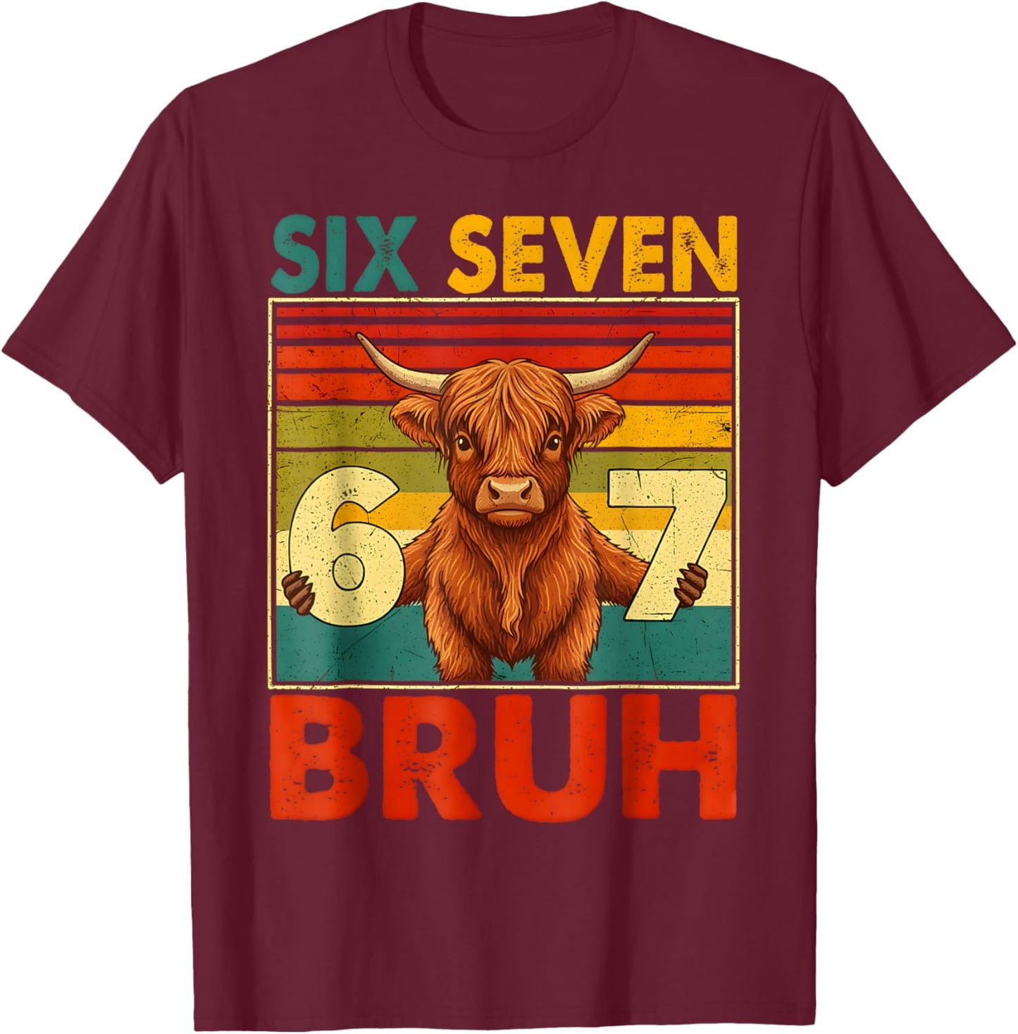 Retro 67 Meme Cow Funny Six Seven Bruh Cows for Kids Boys T-Shirt - T-Shirt | Maroon