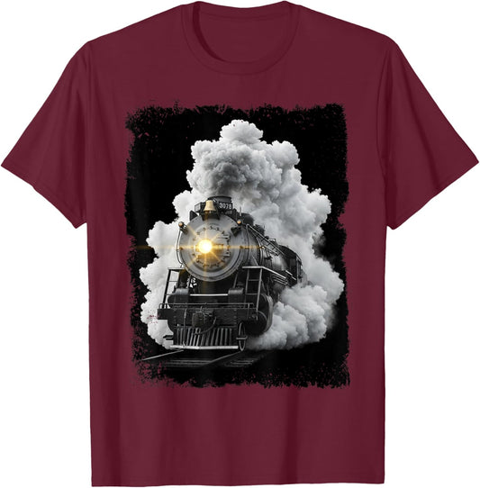 Steam Train Locomotive Engine Conductor Railway Boys Men T-Shirt - T-Shirt | Maroon