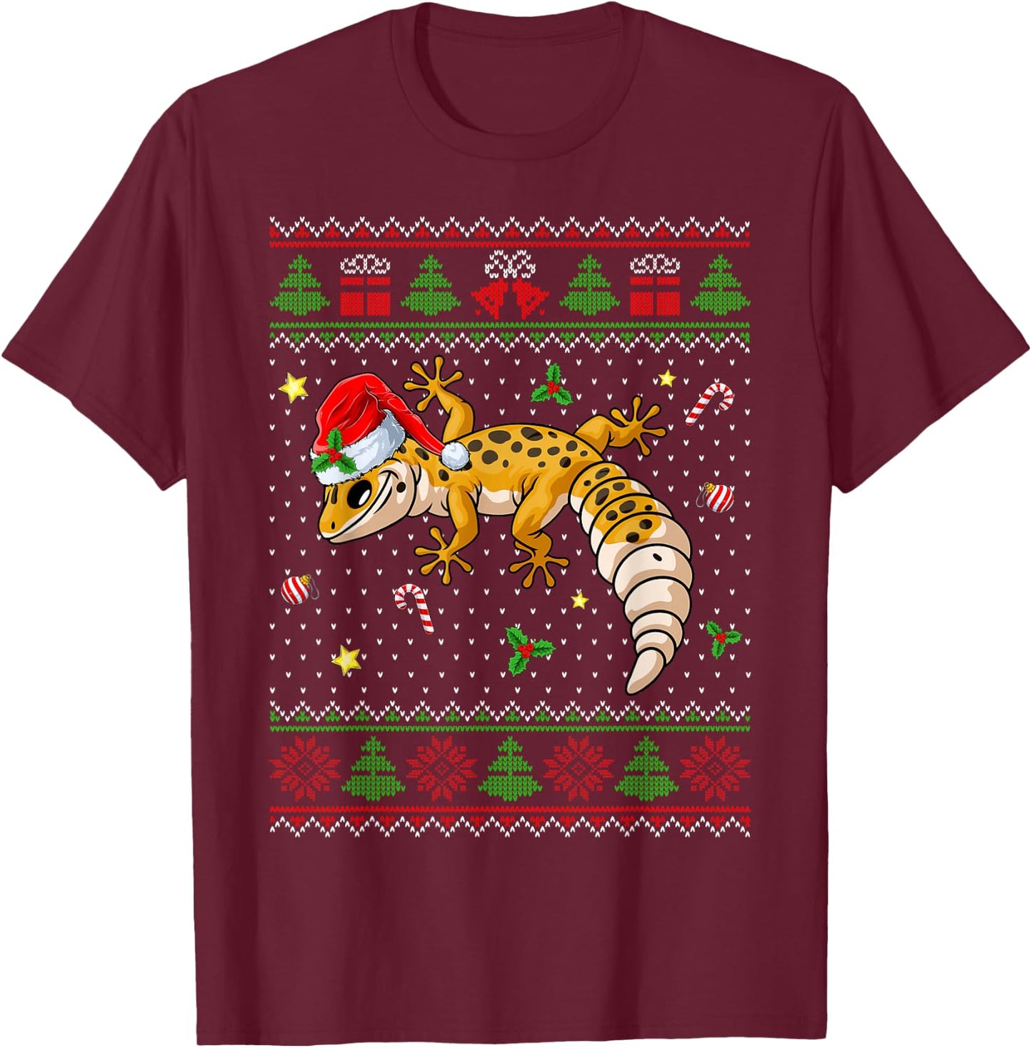 Cute Leopard Gecko Santa Hat Ugly Christmas Sweater Xmas PJS T-Shirt - T-Shirt | Maroon