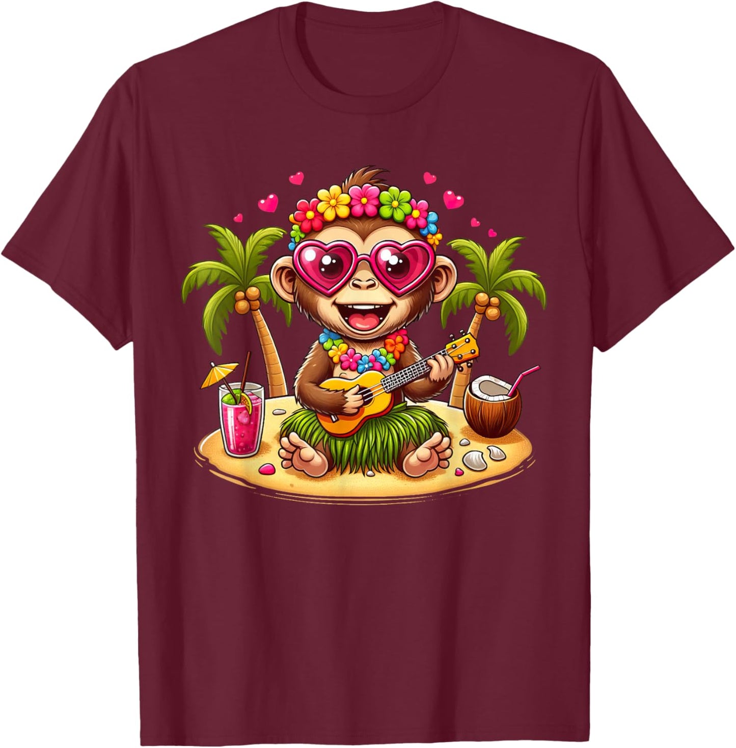 Funny Monkey Hawaiian Costume Kids Summer Vacation Monkey T-Shirt - T-Shirt | Maroon