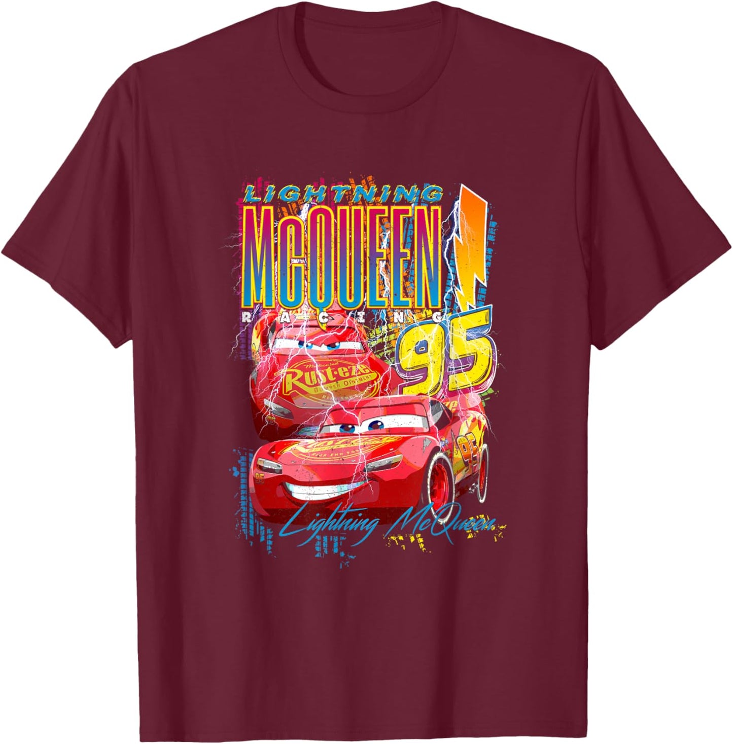 Disney Pixar Cars Lightning McQueen Racing Thunder Poster T-Shirt - T-Shirt | Maroon