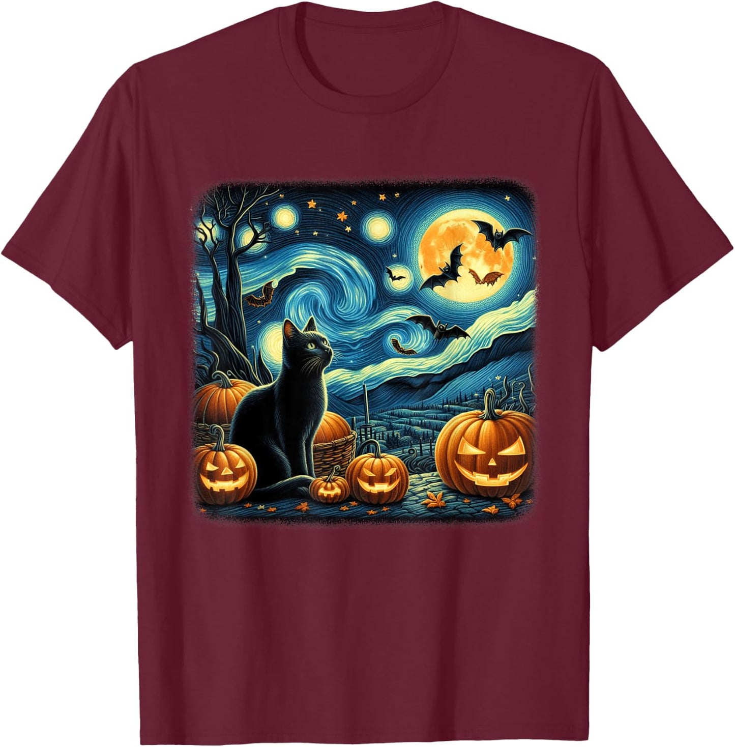 Van Gogh Cat Starry Night Black Cat Halloween Cat Lovers Men Women Kids T-Shirt - T-Shirt | Maroon