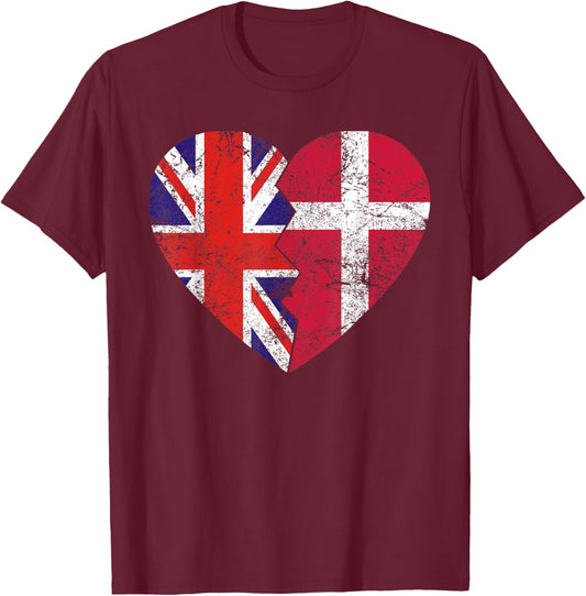 Danish British Flags Heart | United Kingdom Denmark Roots T-Shirt - T-Shirt | Maroon