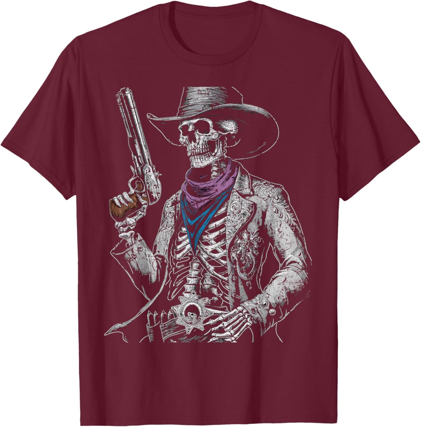 Outlaw Wild West Skeleton Cowboy Gunslinger T-Shirt - T-Shirt | Maroon