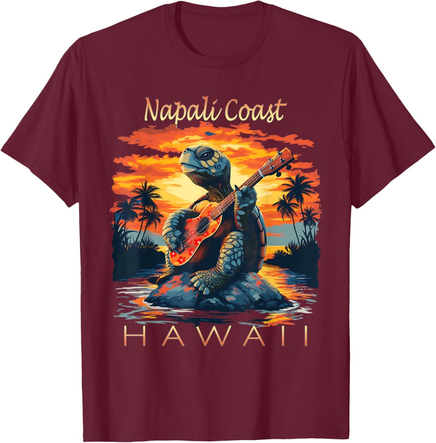 Cute Napali Coast Hawaii Sea Turtle Ukulele Souvenir T-Shirt - T-Shirt | Maroon