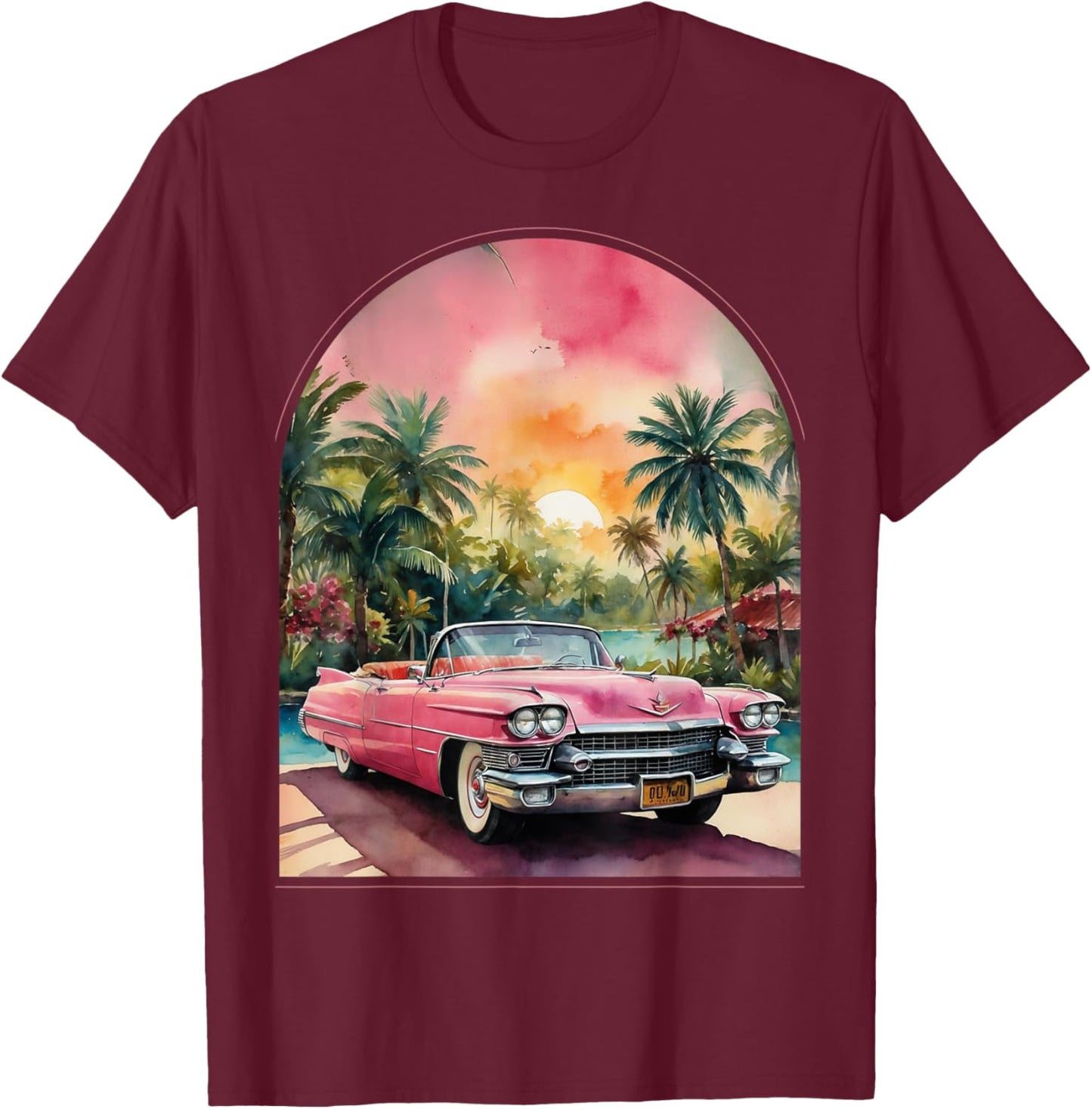 Old School Cadillac Pink | Watercolor | Palm Trees | Exotic T-Shirt - T-Shirt | Maroon