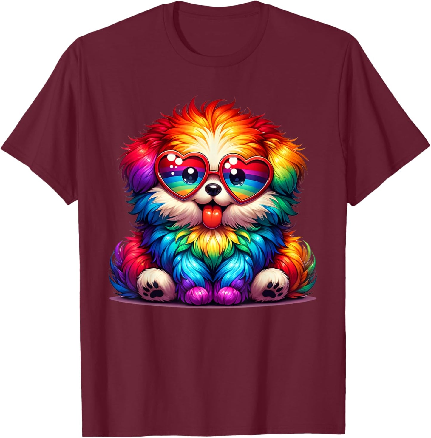 Rainbow Cute Dog Wearing Glasses Heart Puppy Love Dog Funny Men Women Kids T-Shirt - T-Shirt | Maroon