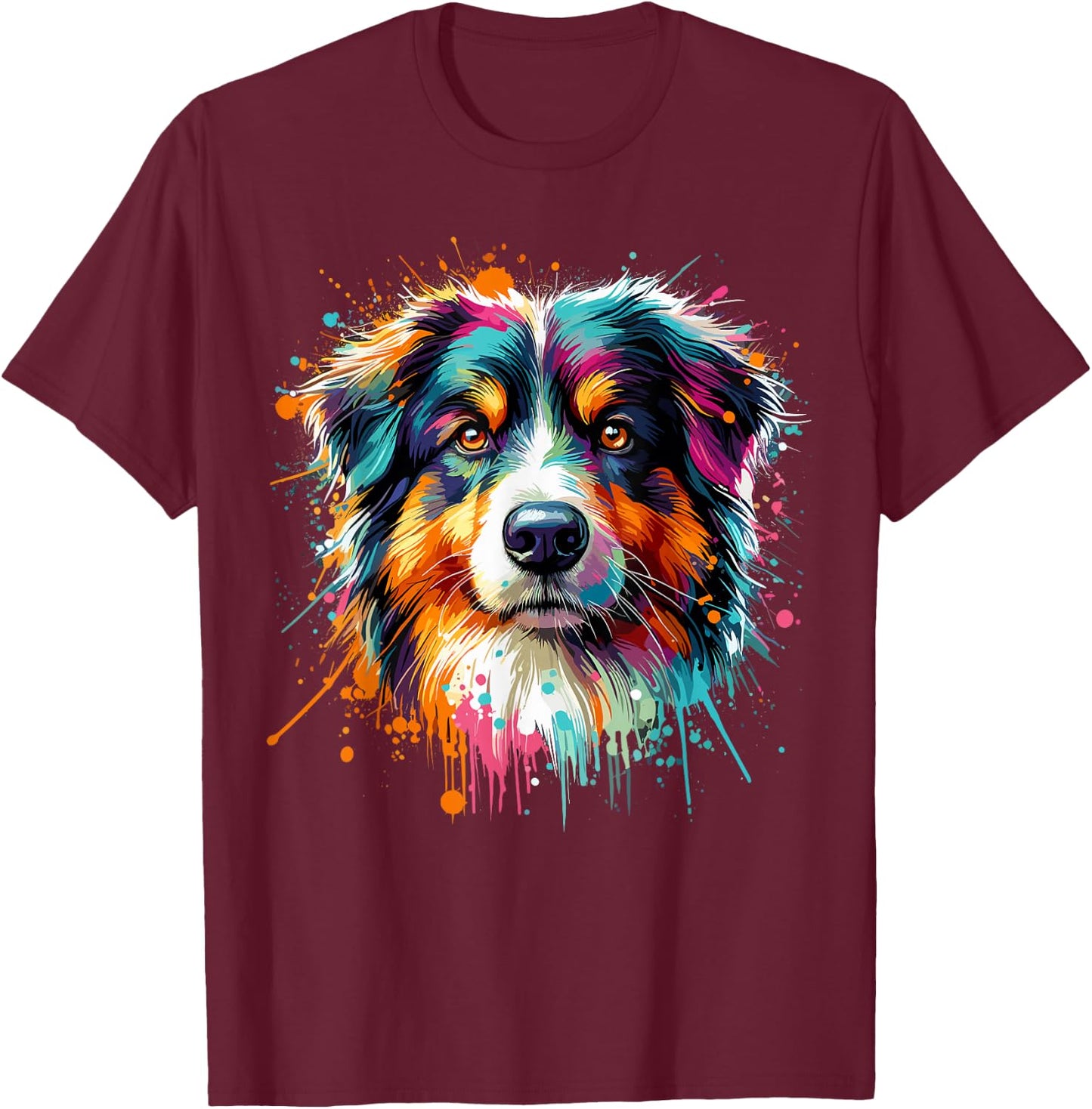 Aussie Splash Art Colorful Australian Shepherd T-Shirt - T-Shirt | Maroon