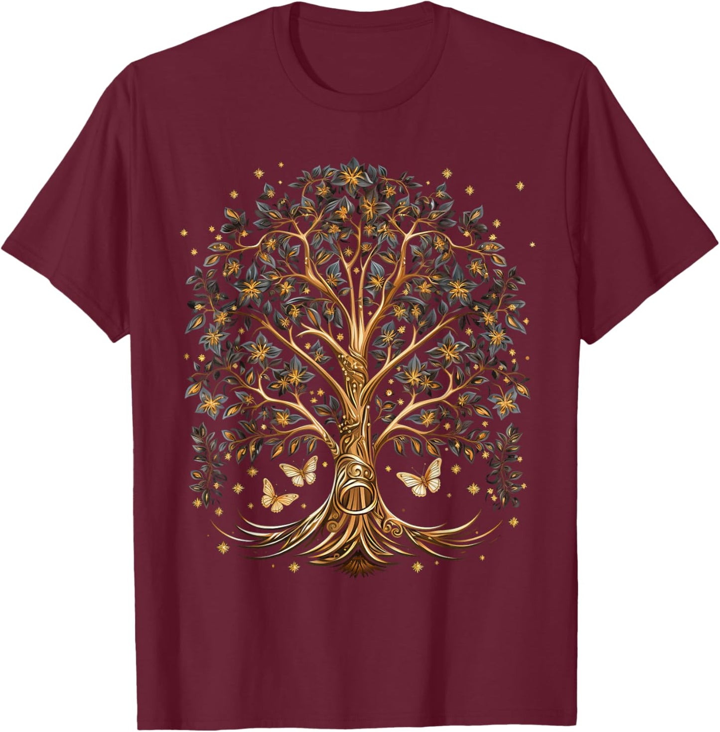 Fall Autumn falling leaves with Tree and Butterfly T-Shirt - T-Shirt | Maroon