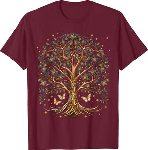 Fall Autumn falling leaves with Tree and Butterfly T-Shirt - T-Shirt | Maroon
